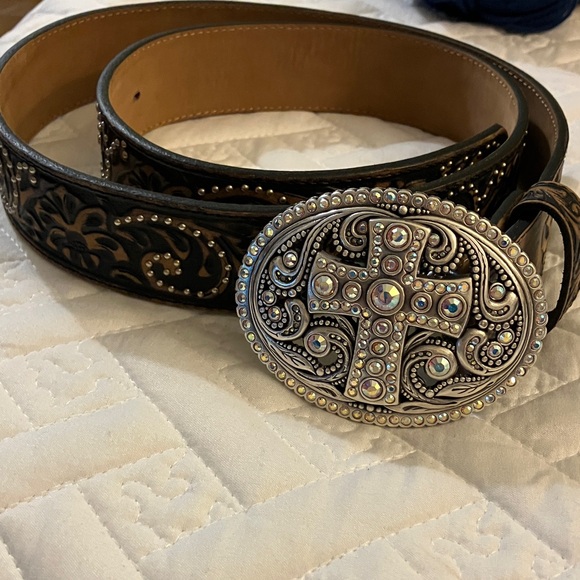 Justin Boots Accessories - Justin Boots Black and Brown Belt with Silver Cross Buckle